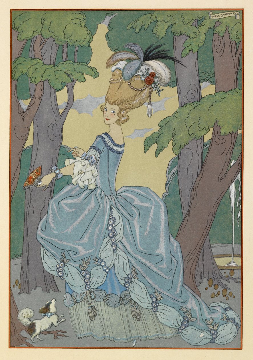 L'Allee. En vakker kvinne med en liten hund. Kvinnen har en forseggjort hårstil, med fjær. av Georges Barbier