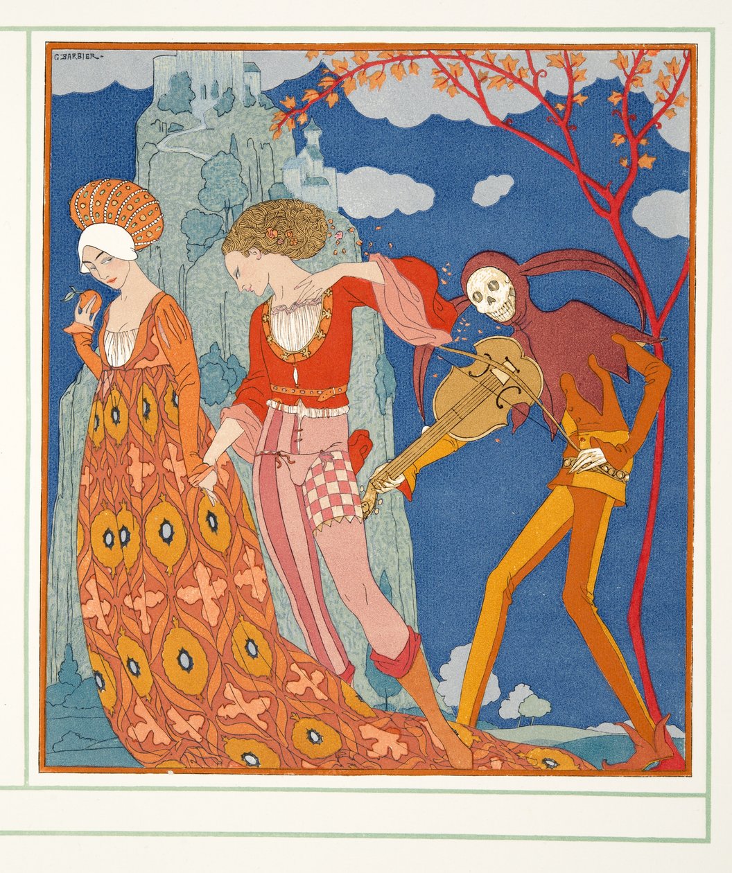 Love, Desire, and Death, fra Personages de Comedie, pub. 1922 (stensiltrykk) av Georges Barbier