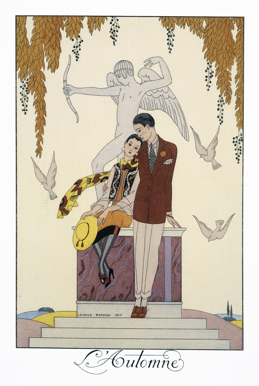 Høst, litografi av George Barbier (1882-1932), fra Falbalas et Fanfreluches, Almanach des Modes Presentes, Passees et Futures av Georges Barbier