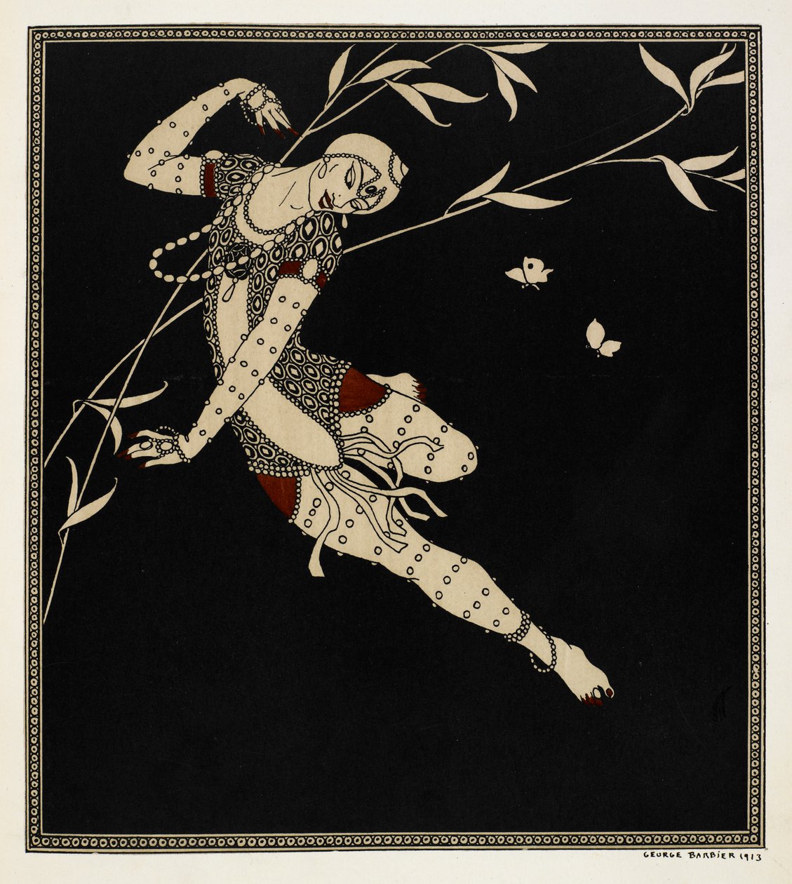 "L'Oiseau de Feu". The Firebird er en ballett fra 1910 laget av komponisten Igor Stravinsky og koreografen Michel Fokine. Balletten er basert på russiske folkeeventyr. En danser med tunge juveler vises av Georges Barbier