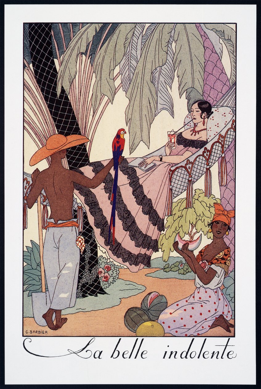 La Belle Indolente, litografi av George Barbier (1882-1932), fra Falbalas et Fanfreluches, Almanach des Modes Presentes, Passees et Futures, Frankrike, 1900-tallet av Georges Barbier