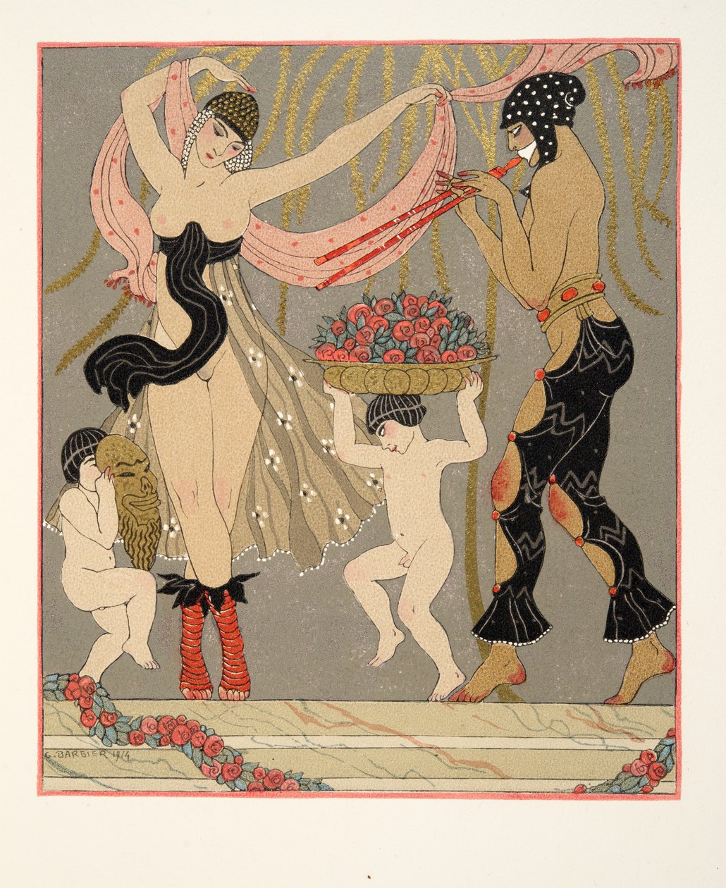 The Dance of the Flowers, illustrasjon fra Les Chansons de Bilitis, av Pierre Louys, pub. 1922 (stensiltrykk) av Georges Barbier