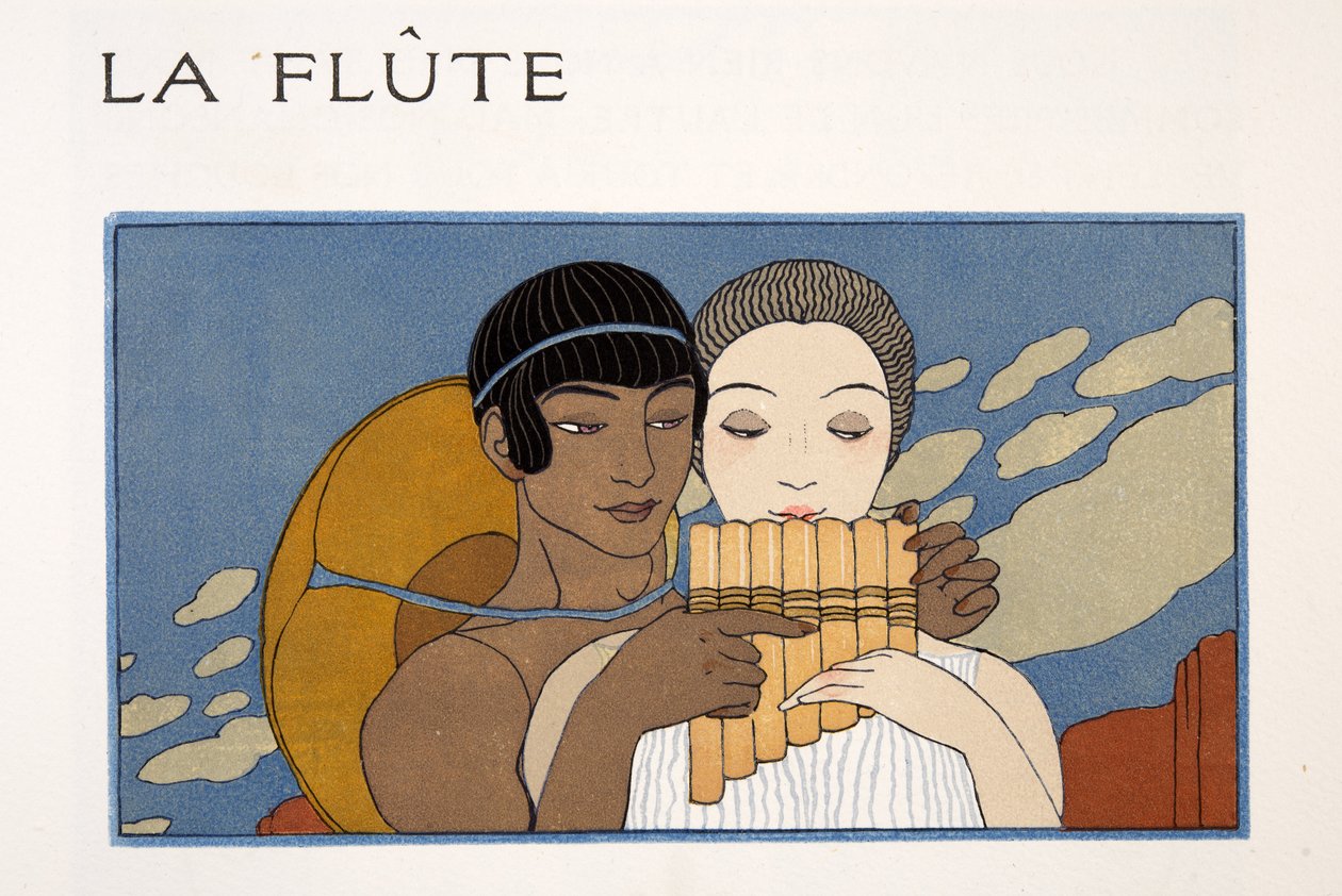 Fløyten, illustrasjon fra Les Chansons de Bilitis, av Pierre Louys, pub. 1922 (stensiltrykk) av Georges Barbier