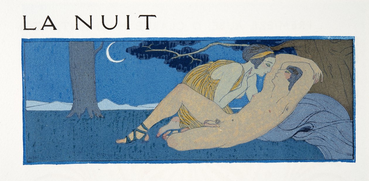 The Night, illustrasjon fra Les Chansons de Bilitis, av Pierre Louys, pub. 1922 (stensiltrykk) av Georges Barbier