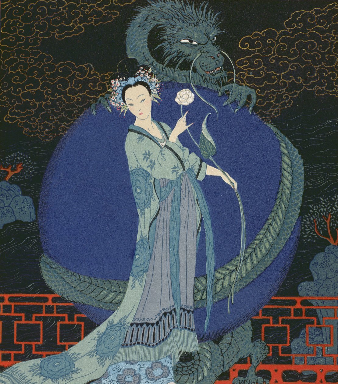 Dame med en drage (farge litho) av Georges Barbier