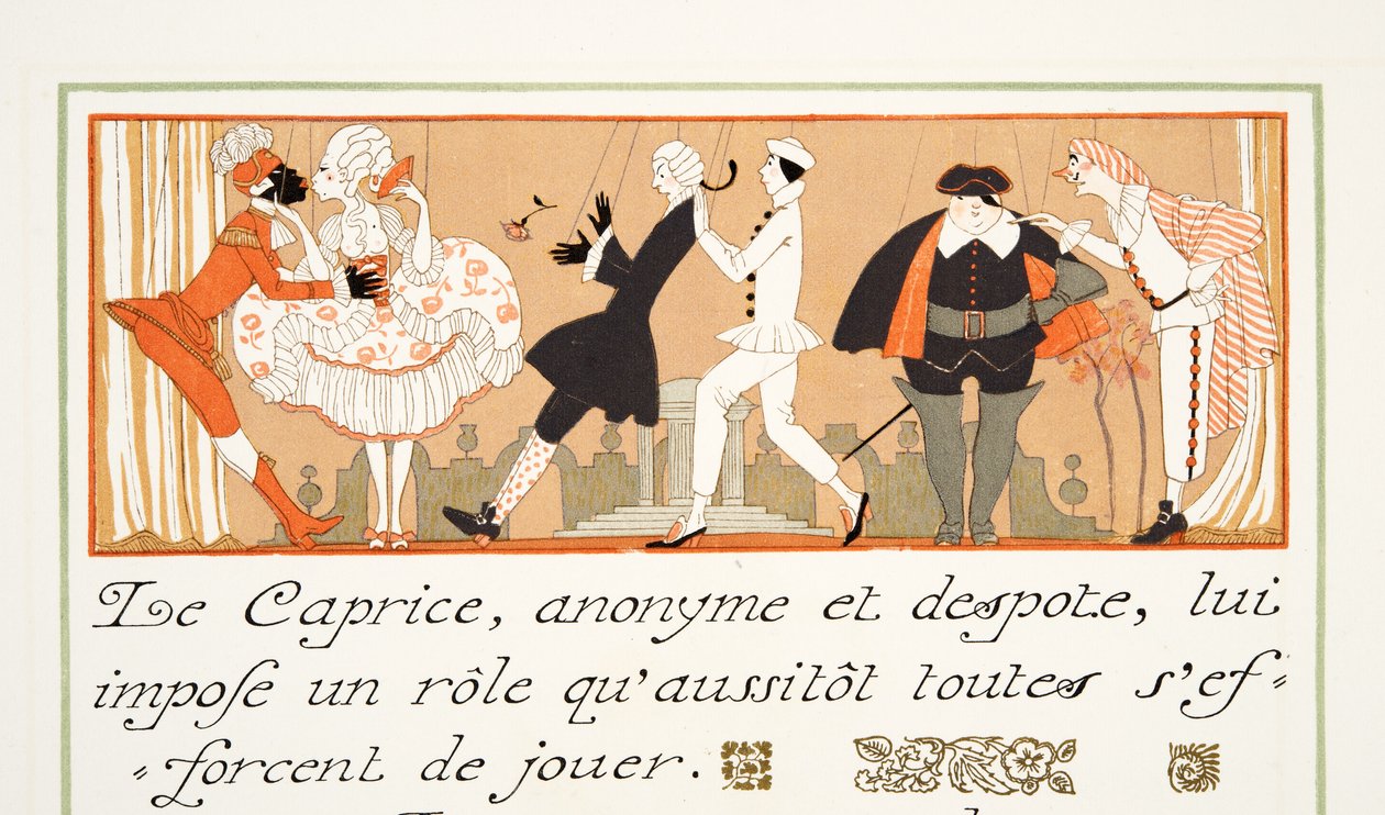 Le Caprice, fra Personages de Comedie, pub. 1922 (stensiltrykk) av Georges Barbier