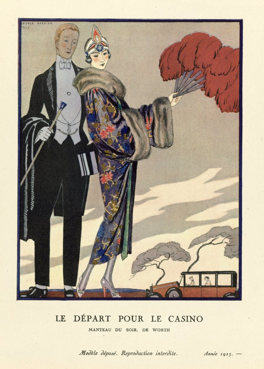 Avgangen til kasinoet, pub. 1923 (stensiltrykk) av Georges Barbier