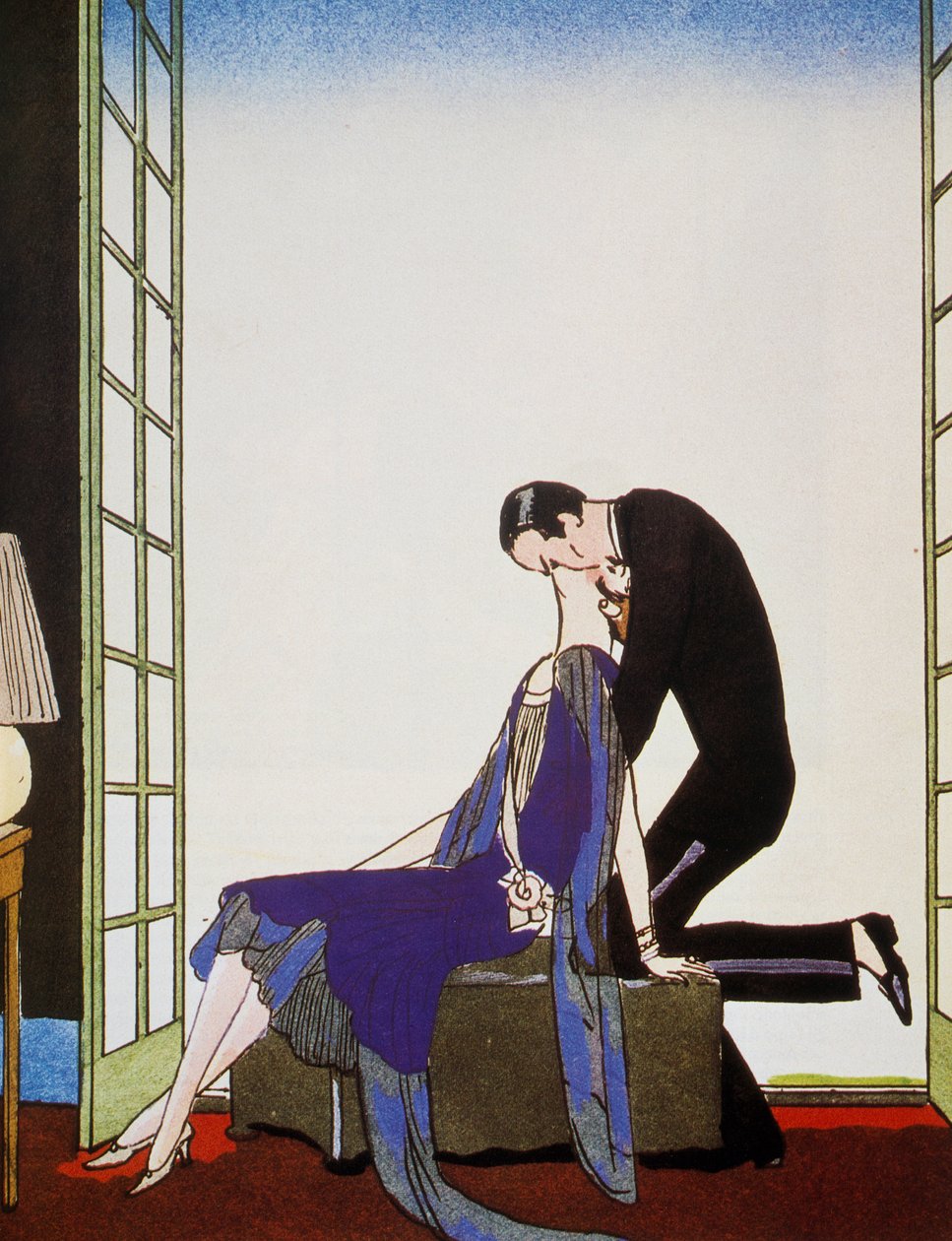 Fire, litografi av George Barbier (1882-1932), fra Falbalas et Fanfreluches, Almanach des Modes Presentes, Passees et Futures av Georges Barbier
