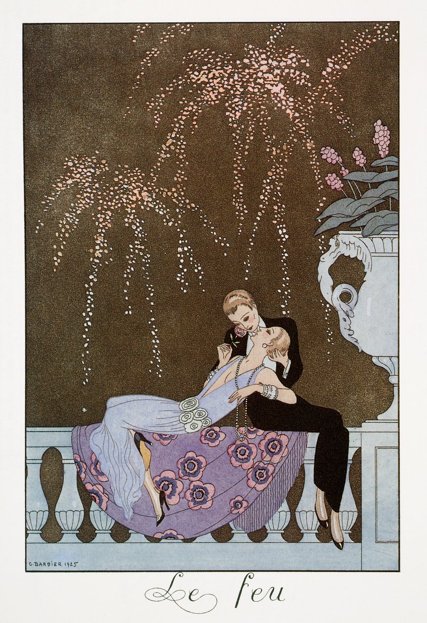 Fire, litografi av George Barbier (1882-1932), fra Falbalas et Fanfreluches, Almanach des Modes Presentes, Passees et Futures av Georges Barbier