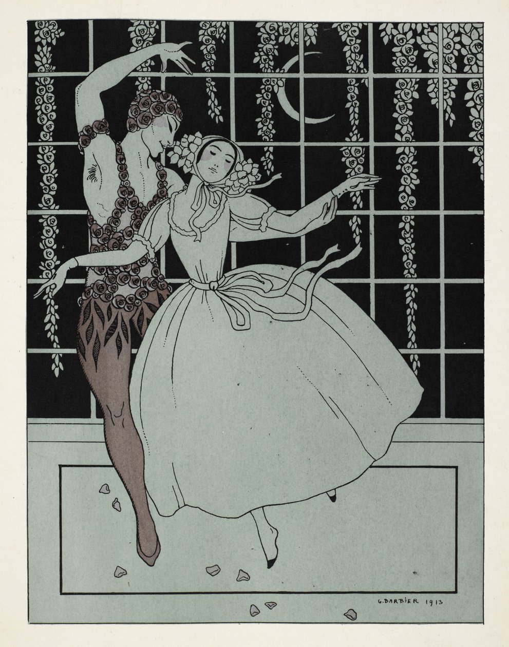 "Le Spectre de la Rose". Bildet har fått navnet sitt fra balletten til Ballets Russes basert på et dikt av Théophile Gautier. Danserne på den originale forestillingen var Vaslav Nijinsky som rosen og Tamara Karsavina som jenta, og kan sees danse av Georges Barbier