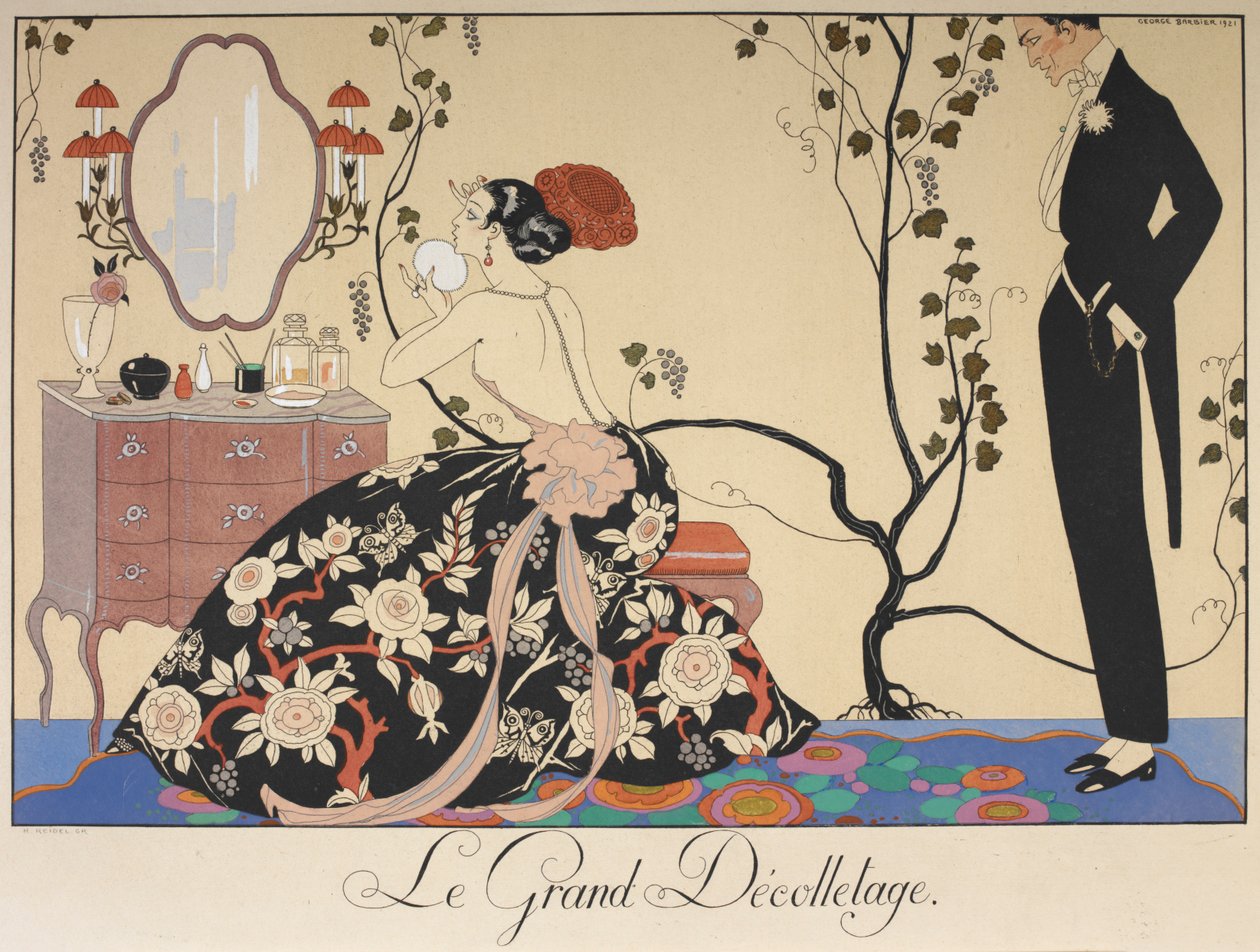 Le grand décolleté. En kvinne som sitter ved sminkebordet hennes, beundret av en mann. av Georges Barbier