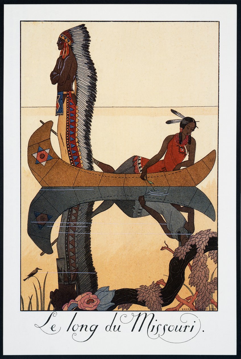 Langs Missouri, litografi av George Barbier (1882-1932), fra Falbalas et Fanfreluches, Almanach des Modes Presentes, Passees et Futures, Frankrike, 1900-tallet av Georges Barbier