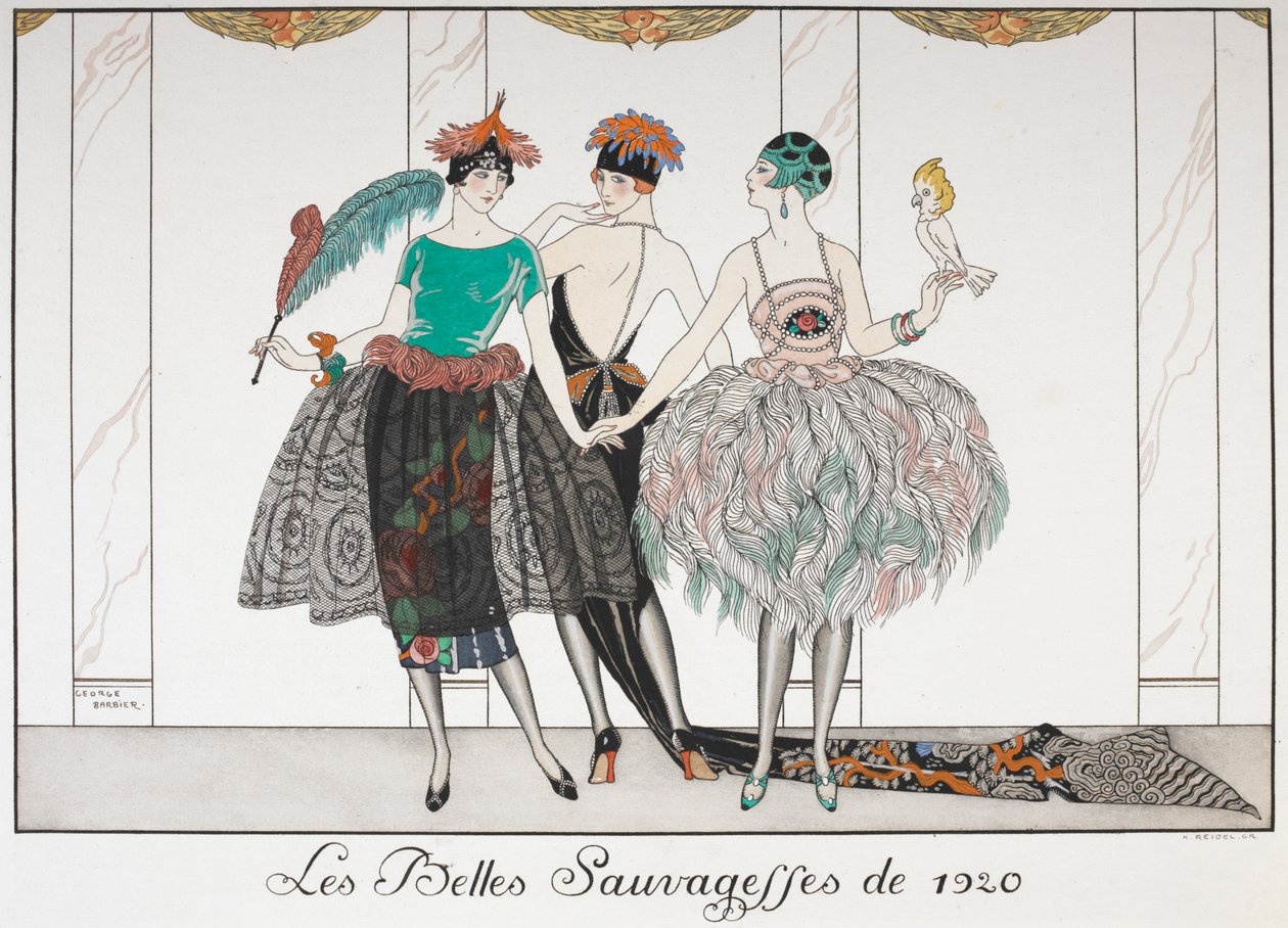 Les Belles Sauvagettes de 1920. Tre kvinner i rekke iført eksotiske kjoler. av Georges Barbier