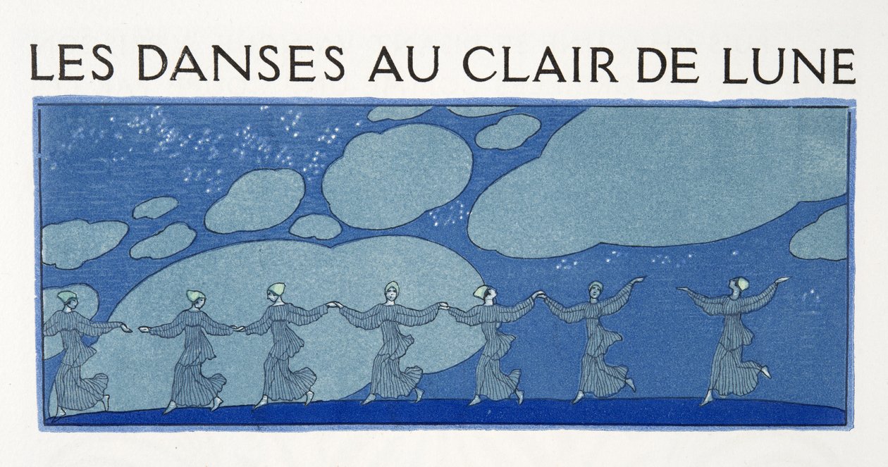 Moonlight Dances, illustrasjon fra Les Chansons de Bilitis, av Pierre Louys, pub. 1922 (stensiltrykk) av Georges Barbier
