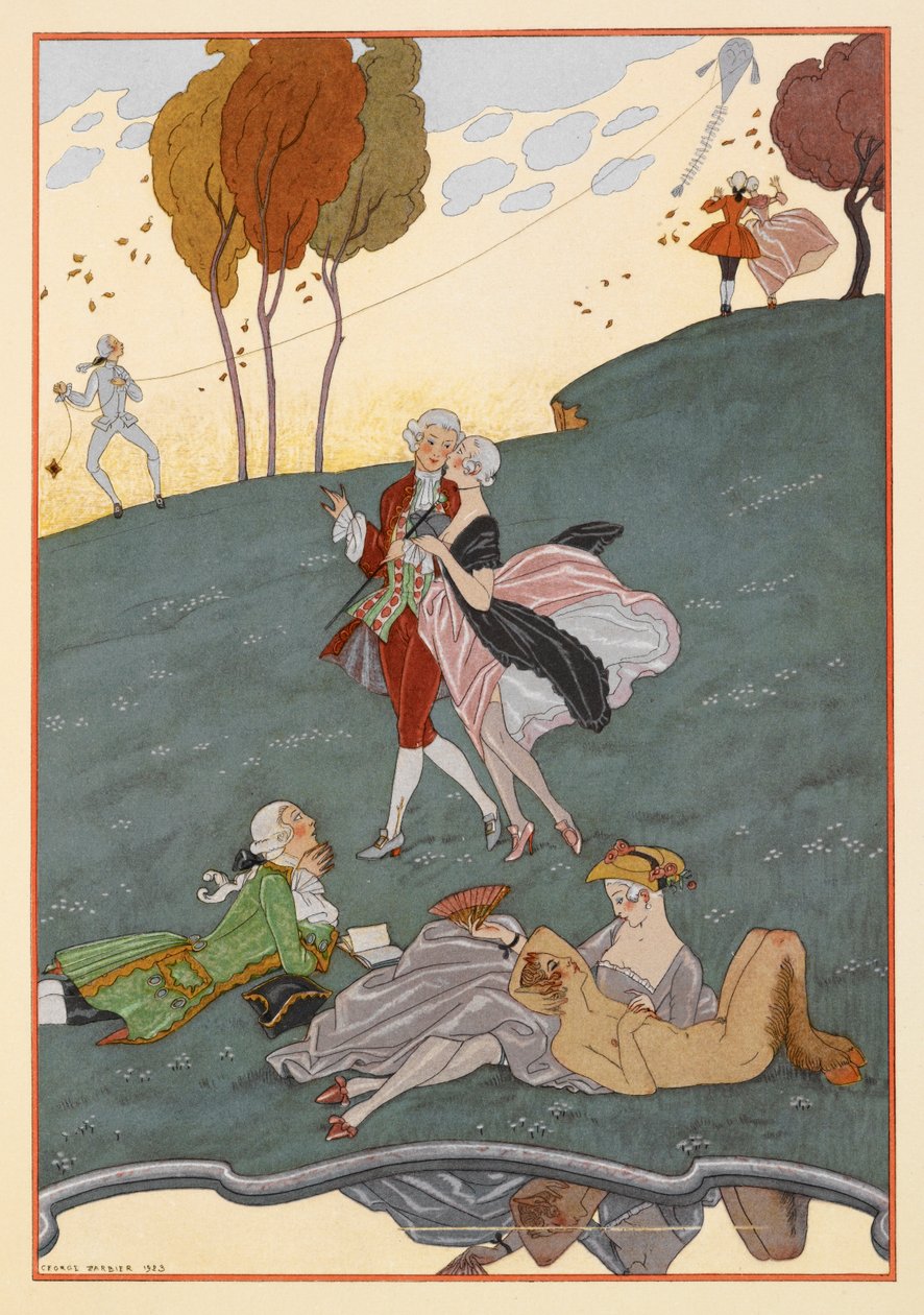 Les Ingenus. En rekke menn og kvinner. En mann som flyr en drage. En faun. av Georges Barbier