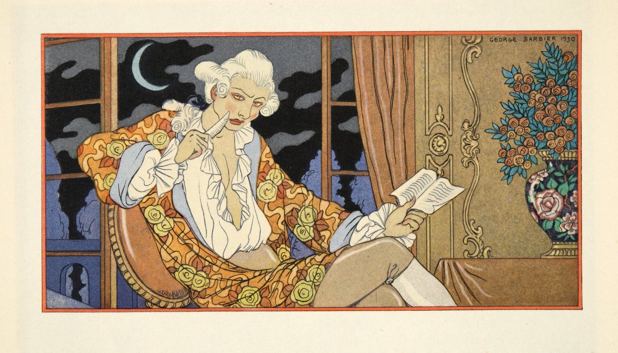 Brev LXXXVIII, Cecile Volanges til Viscount of Valmont, fra 'Les Liaisons Dangereuses' av Pierre Chodlerlos de Laclos (1741-1803), pub. 1934 (stensiltrykk) av Georges Barbier