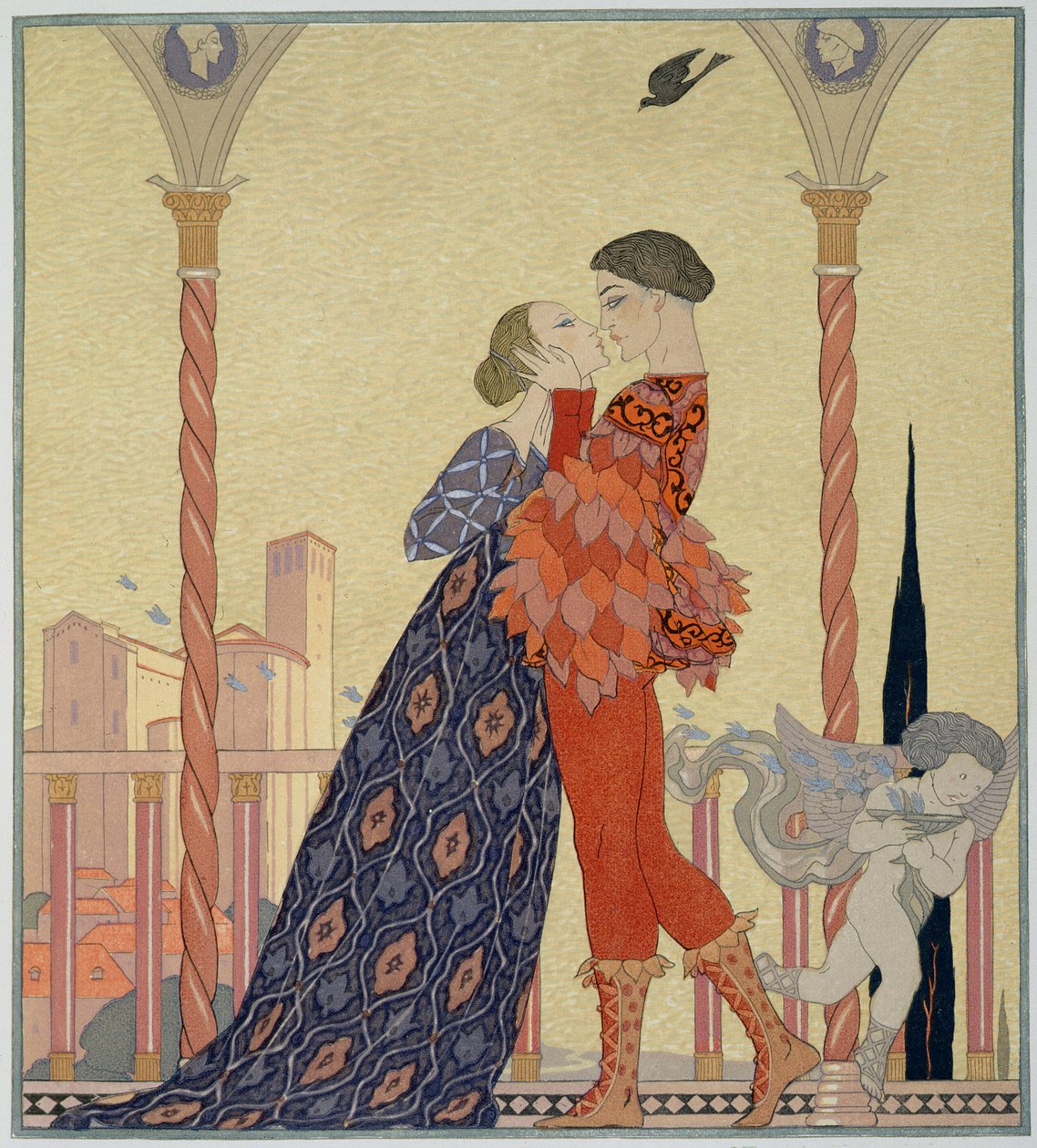Elskere på en balkong (akvarell på papir) av Georges Barbier