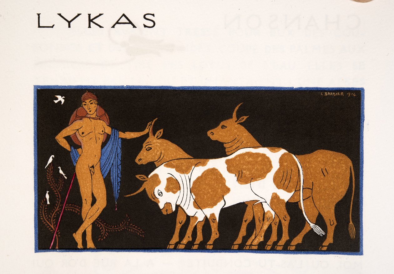 Lykas, illustrasjon fra Les Chansons de Bilitis, av Pierre Louys, pub. 1922 (stensiltrykk) av Georges Barbier