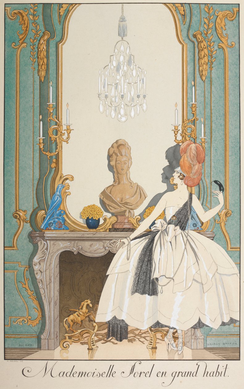 Mademoiselle Sorel i stor vane. En kvinne som står foran en peis. av Georges Barbier
