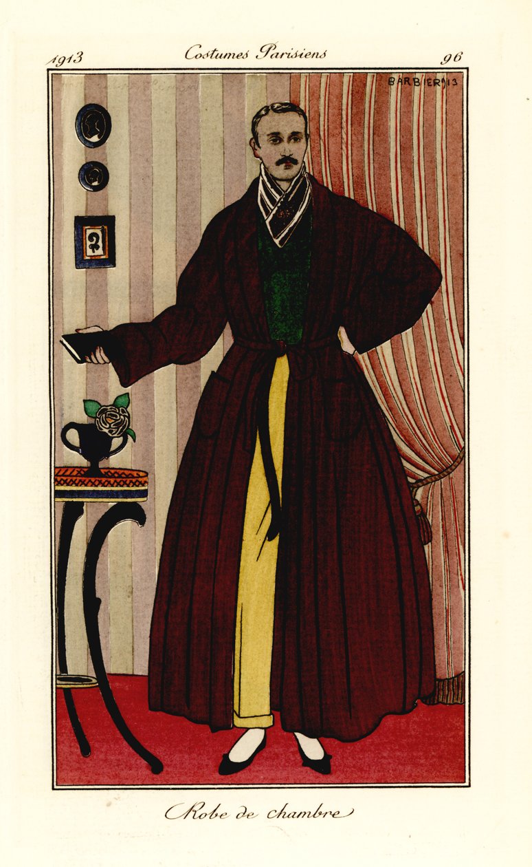 Mann i morgenkåpe over gule bukser og grønn vest. Morgenkåpe. Håndfarget pochoir (stensil) etsning etter en illustrasjon av George Barbier fra Tommaso Antonginis Journal des Dames et des Modes, Aux Bureaux du Journal des Dames, Paris av Georges Barbier