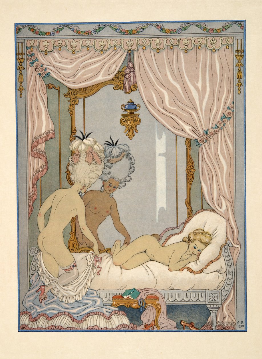 Marquise de Merteuils besøk i Cécile de Volanges' sengekammer, illustrasjon fra puben 'Les Liaisons Dangereuses' av Pierre Choderlos de Laclos (1741-1803). 1934 (stensiltrykk) av Georges Barbier