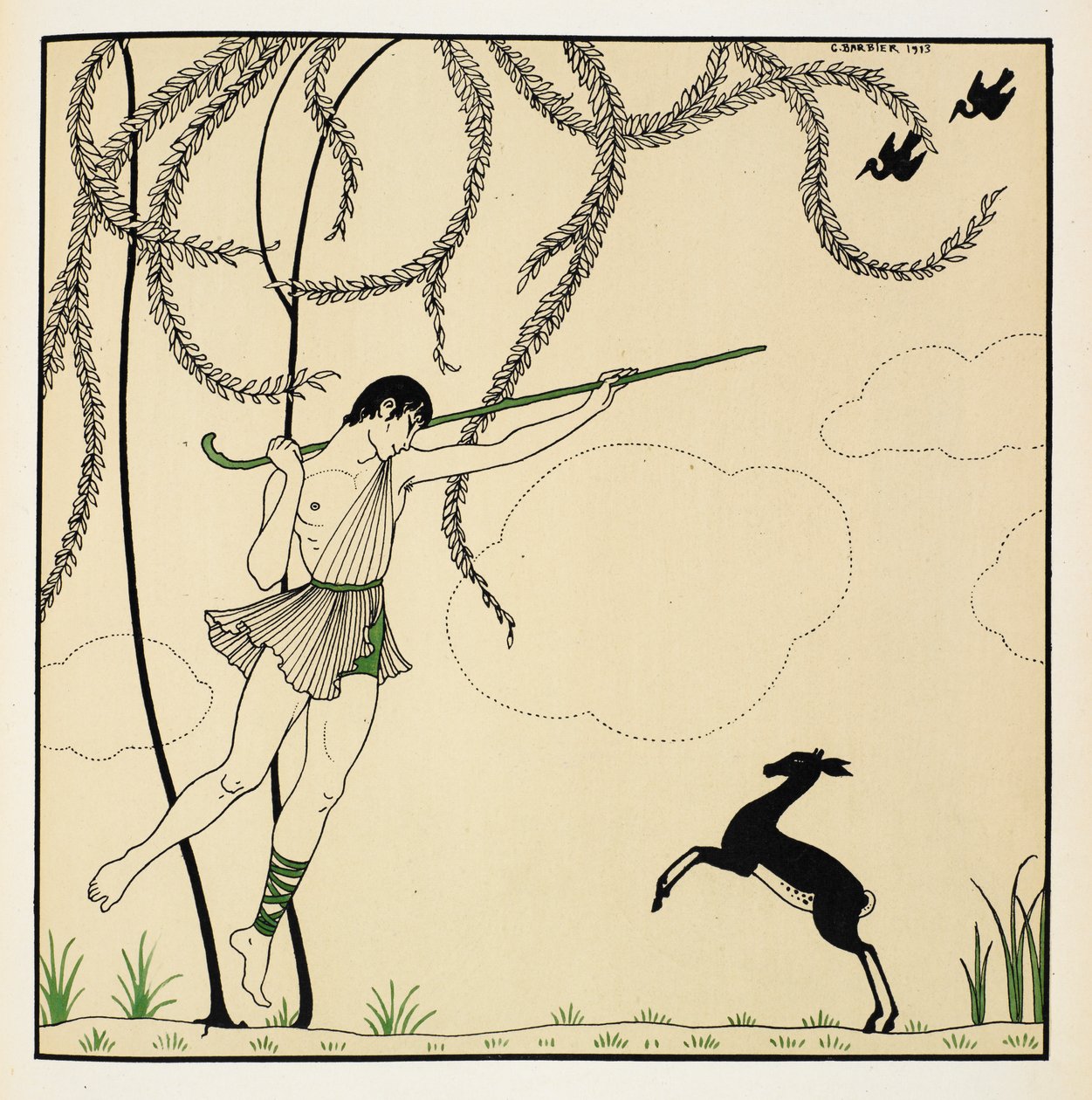 "Narcisse". Scene fra Narcisse, en klassisk ballett fremført i én akt. Narcisse hadde premiere i 1911 i Monte Carlo. Gutten er i luften og danser, bærer på en gjeterskurk, et lam står på bakbeina. av Georges Barbier