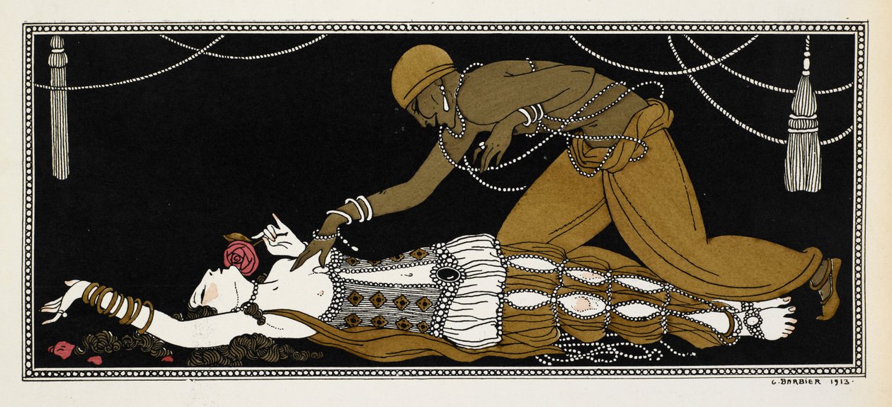 Nijinsky som den gylne slave i Sheherazade, en symfonisk suite komponert av Nikolai Rimsky-Korsakov i 1888. Sheherazade er her på dødsleie, den gyldne slaven lener seg over henne av Georges Barbier