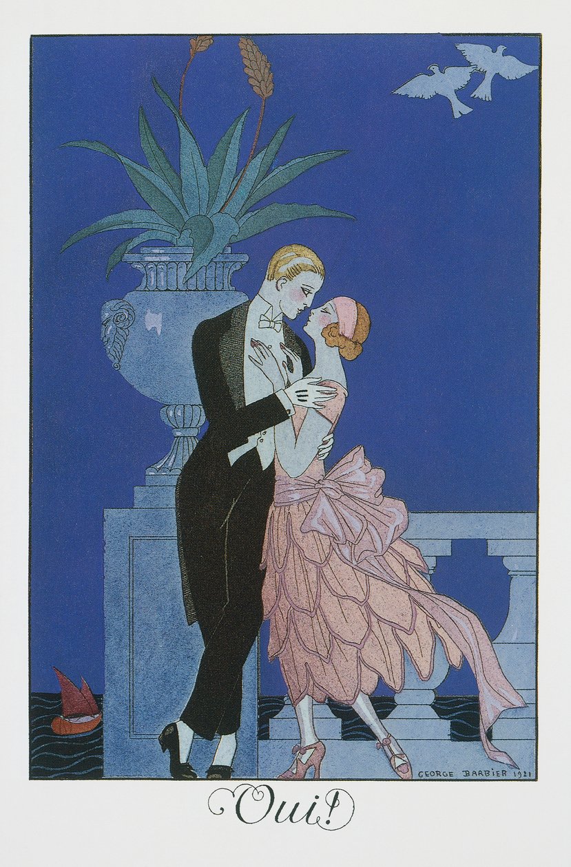 Ja, to unge forlovede i aftenkjole, litografi av George Barbier (1882-1932), fra Falbalas et Fanfreluches, Almanach des Modes Presentes, Passees et Futures av Georges Barbier