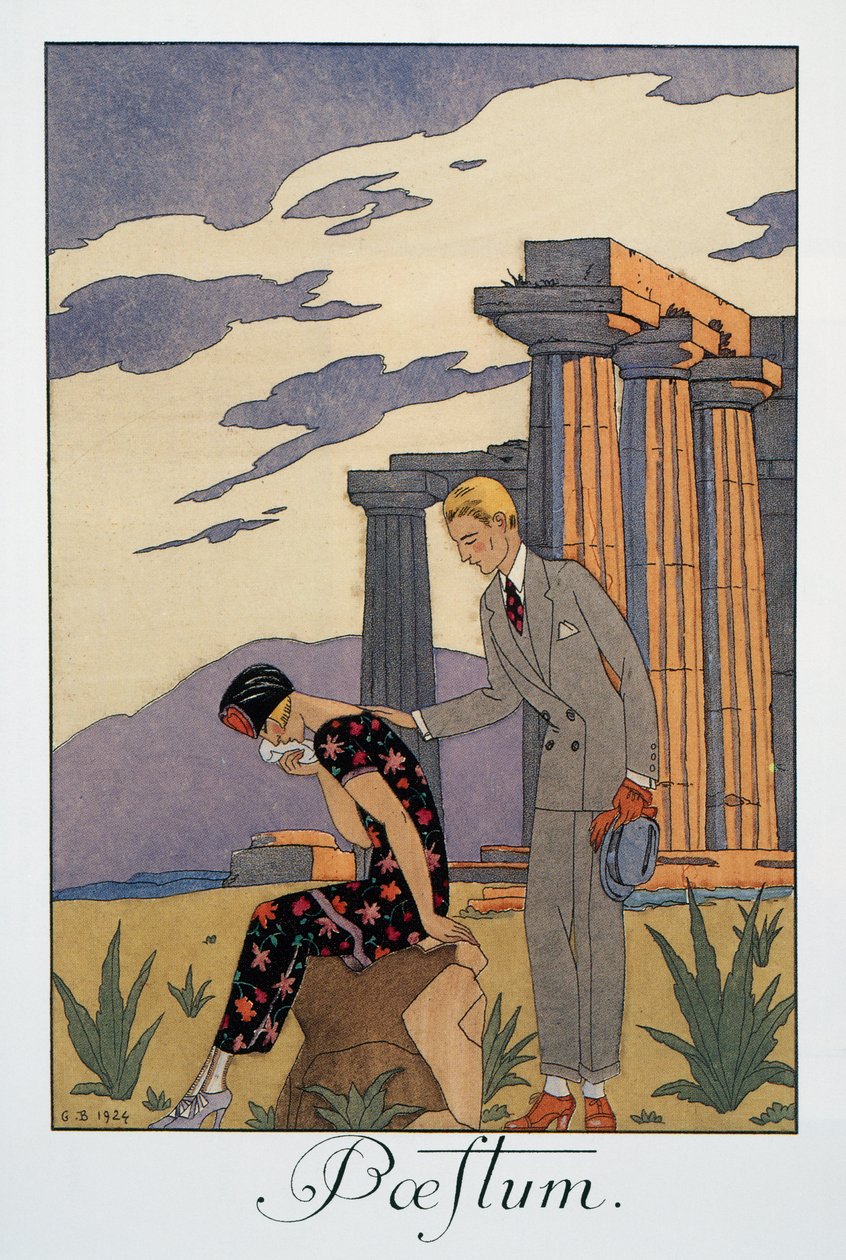Paestum, litografi av George Barbier (1882-1932), fra Falbalas et Fanfreluches, Almanach des Modes Presentes, Passees et Futures av Georges Barbier