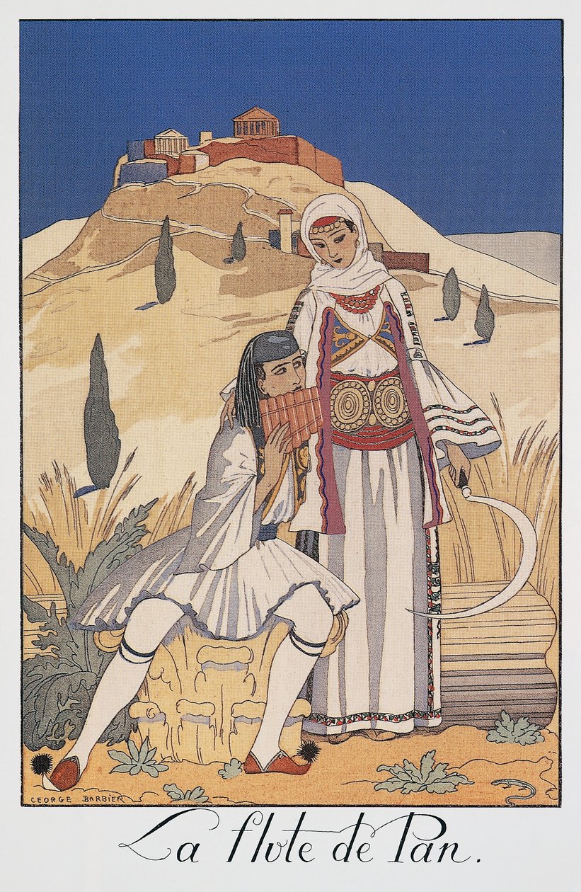Panfløytespiller som viser tradisjonelle greske kostymer av Georges Barbier