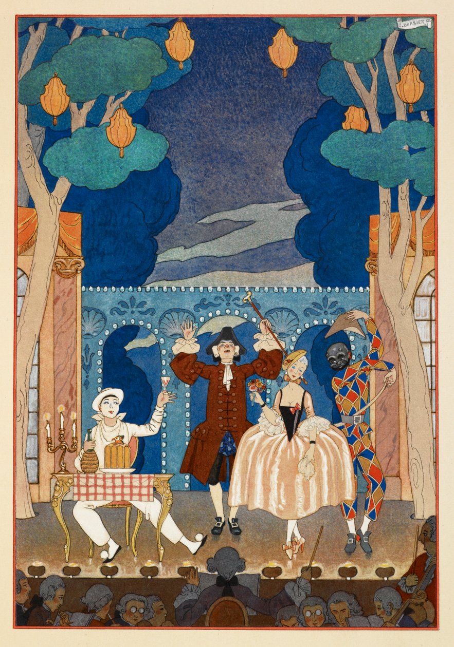 Pantomine. Pjerrot og Harlekin. En mann og pen kvinne. Alt på en scene. av Georges Barbier