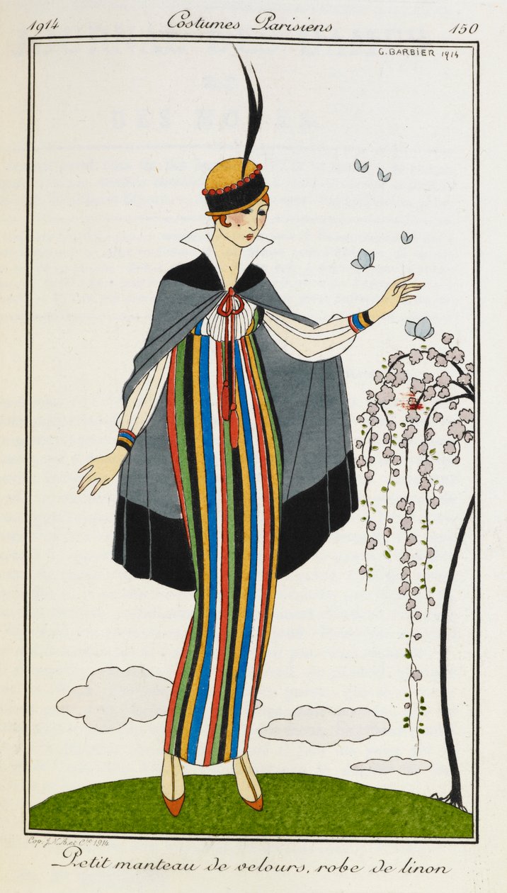 Petit manteau de velours, robe de linon. Kvinne iført en liten fløyelskappe, med en stripet linkjole, oransje t-barsko og en lue trimmet med svart og rødt. Kostymer Parisiens. av Georges Barbier