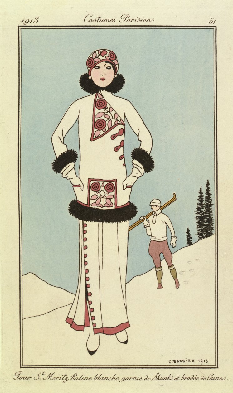 For St. Moritz, tallerken fra "Costumes Parisiens" av Georges Barbier