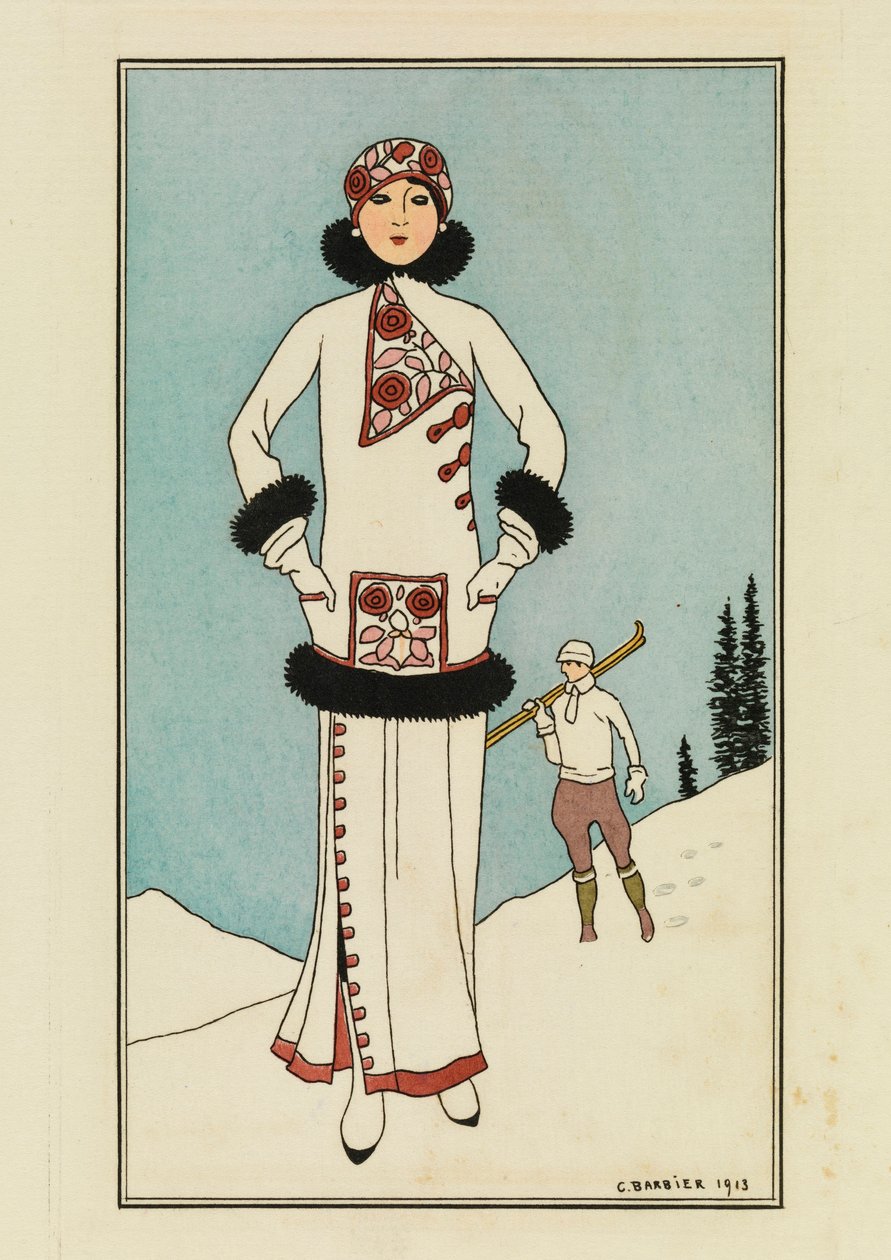 For St. Moritz, tallerken fra 'Costumes Parisiens' av Georges Barbier