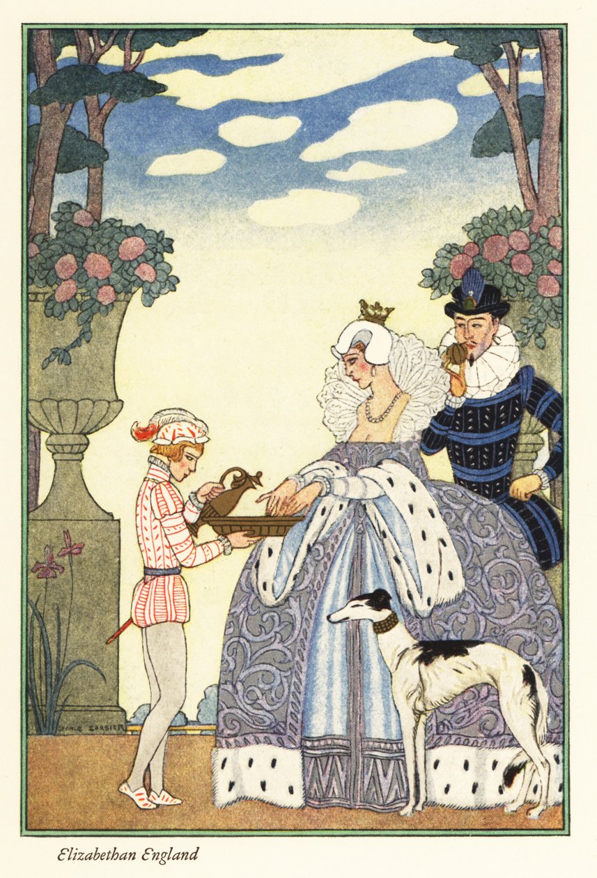 Dronning Elizabeth vasker hendene i en bolle som holdes av pagegutten hennes. 1928 (trykk) av Georges Barbier