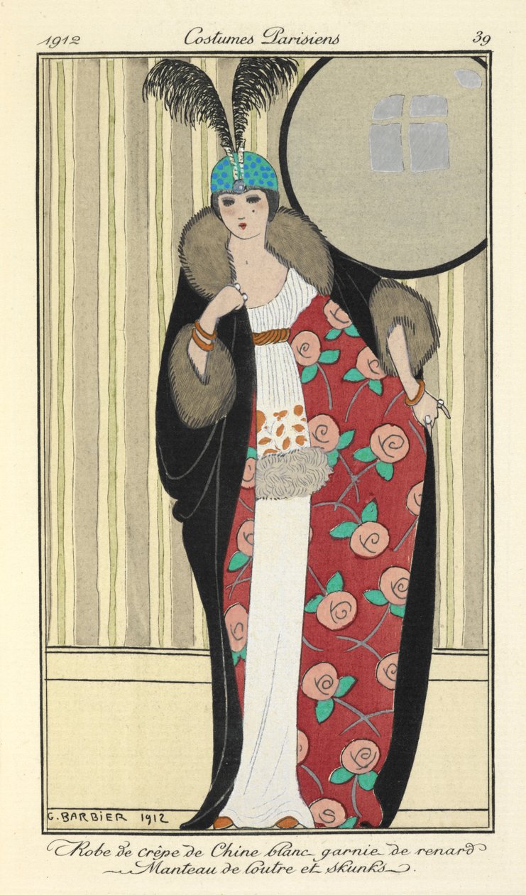 "Hvit crepe de chine-kjole trimmet med rev. Oterfrakk og stinkdyr," av Georges Barbier