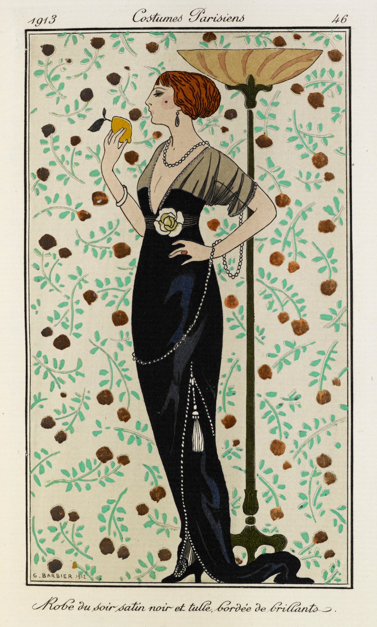 Robe du soir satin noir et tyll bordée de brillants. Kostymer Parisiens nr.46. Kvinnen har på seg en svart satengkjole, foret med diamanter, og har en hvit blomst på linningen. Hun har også på seg et diamantkjede. av Georges Barbier