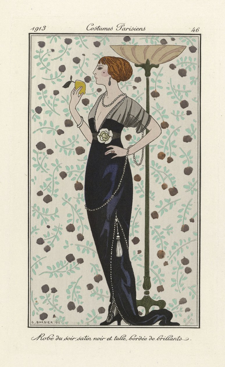 Sort sateng og tyll aftenkjole kantet med briljanter, fra Costumes Parisien, pub.1913 (stensiltrykk) av Georges Barbier