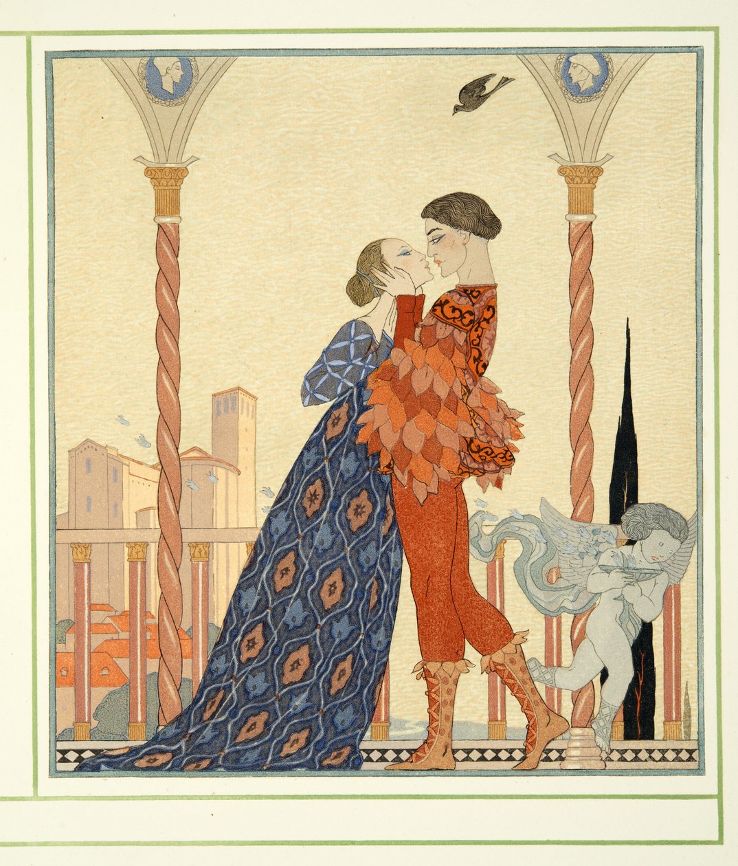 Romeo og Julie fra Personages de Comedie, pub. 1922 (stensiltrykk) av Georges Barbier