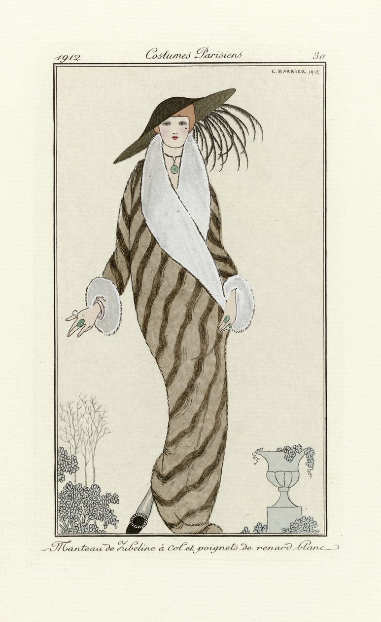 Sable Coat with White Fox Trim, fra Costumes Parisien, pub.1912 (pochoir-trykk) av Georges Barbier