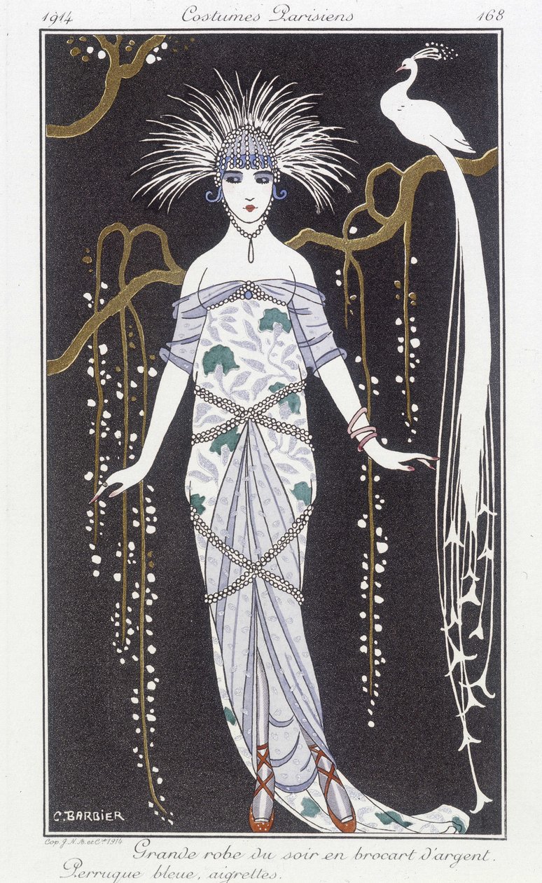 Sølvbrokade aftenkjole og parykk - Illustrasjon av George Barbier (1882-1932). i "" Journal des dames et des modes: Costumes Parisiens"" av Georges Barbier