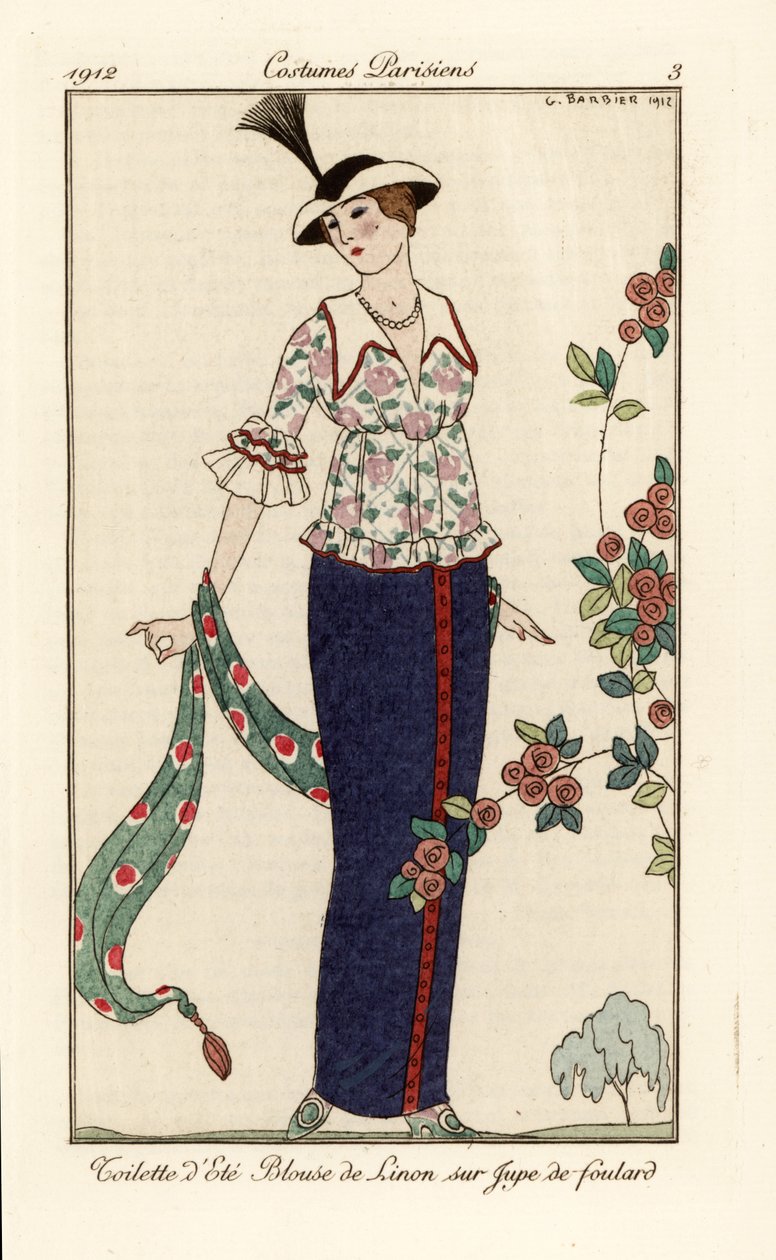 Sommerantrekk med floral linbluse og skjerfskjørt. Sommertoalett, plenbluse over skjerfskjørt. Håndfarget pochoir (stensil) etsning etter en illustrasjon av George Barbier fra Tommaso Antonginis Journal des Dames et des Modes, Aux Burea av Georges Barbier