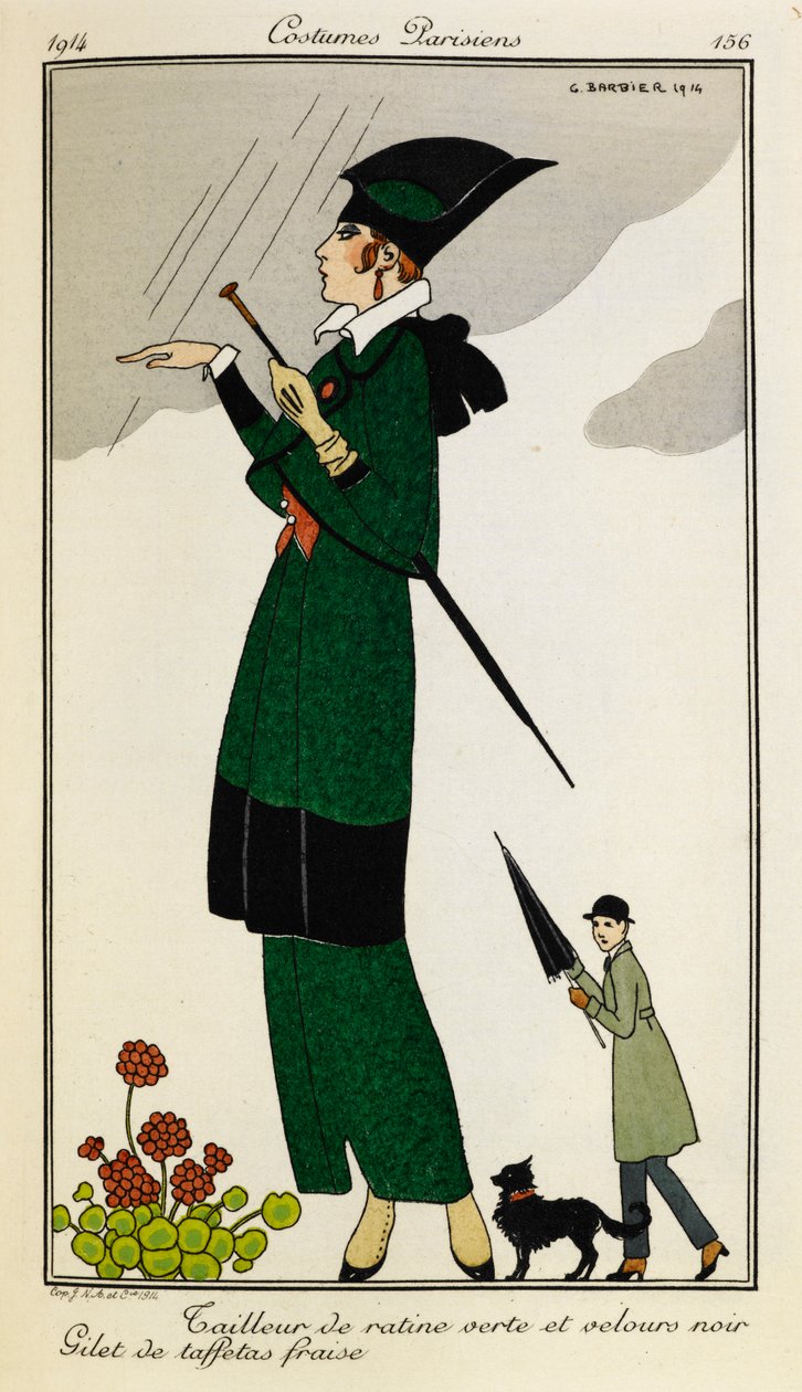 Tailleur de ratine verte et velours noir. Gilet de taffetas fraise. Kvinne iført et skreddersydd antrekk av grønn og svart silke, med en strawberry silkevest. Person i en trenchcoat med en paraply og en hund i bakgrunnen. Kostymer Parisiens. av Georges Barbier
