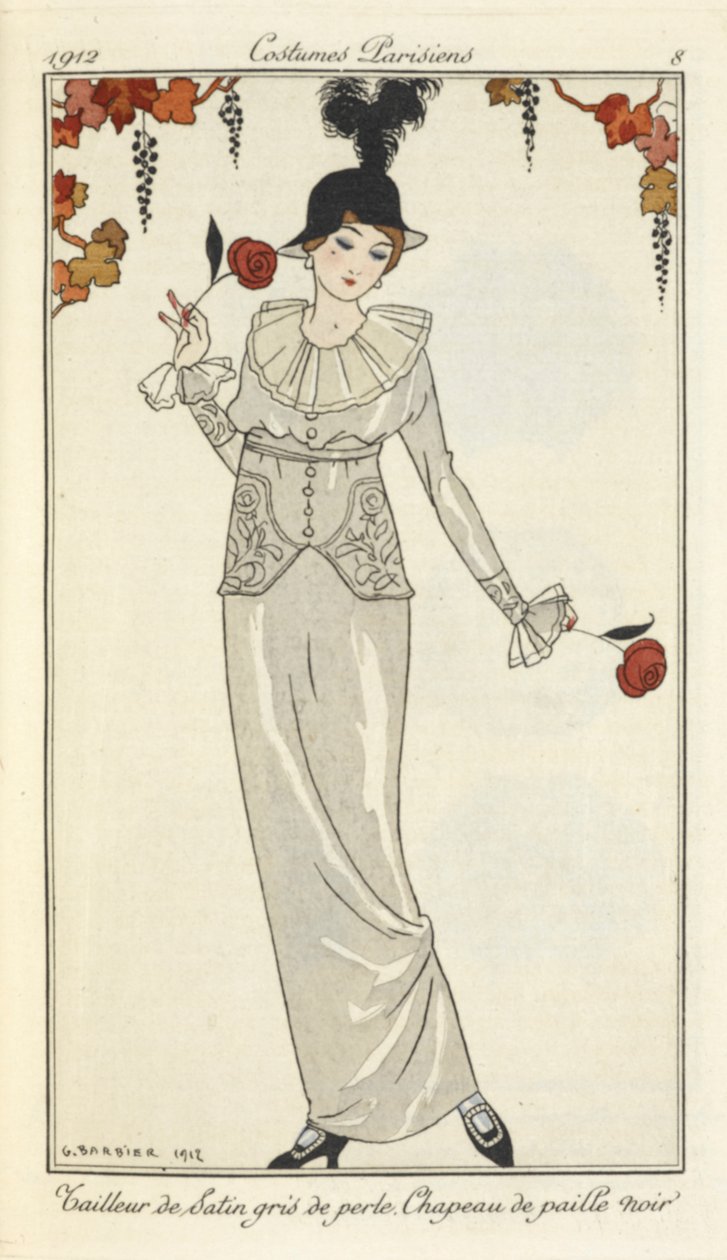 "Perlegrå satengdress, svart stråhatt." av Georges Barbier