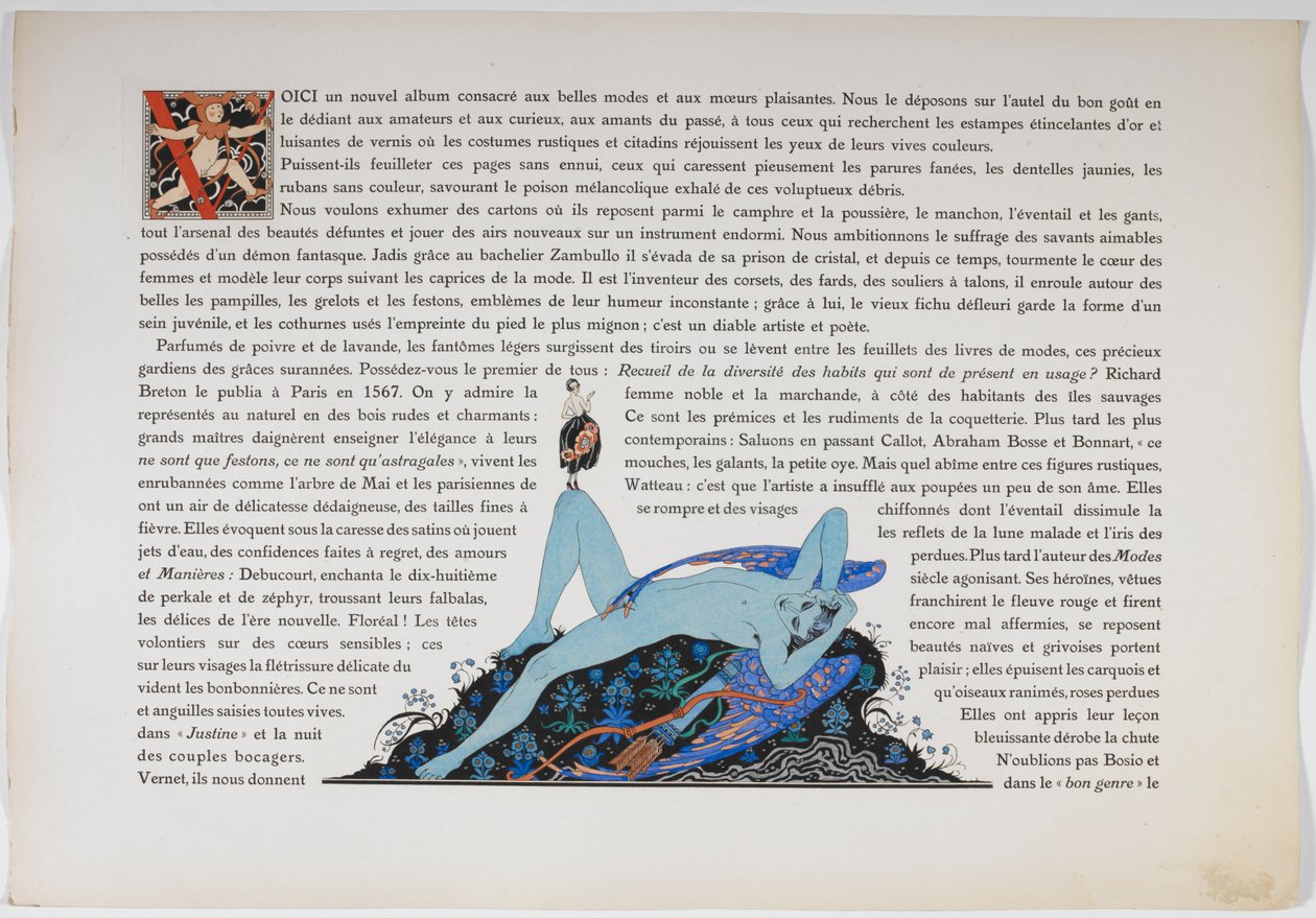 Tekst og en naken figur, farget blå. av Georges Barbier