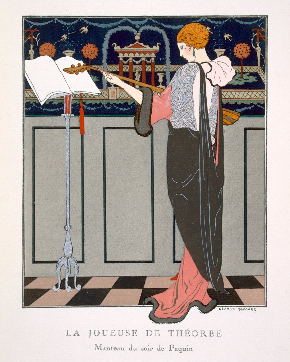 Theorbo Player, design for en kveldskåpe av Paquin av Georges Barbier