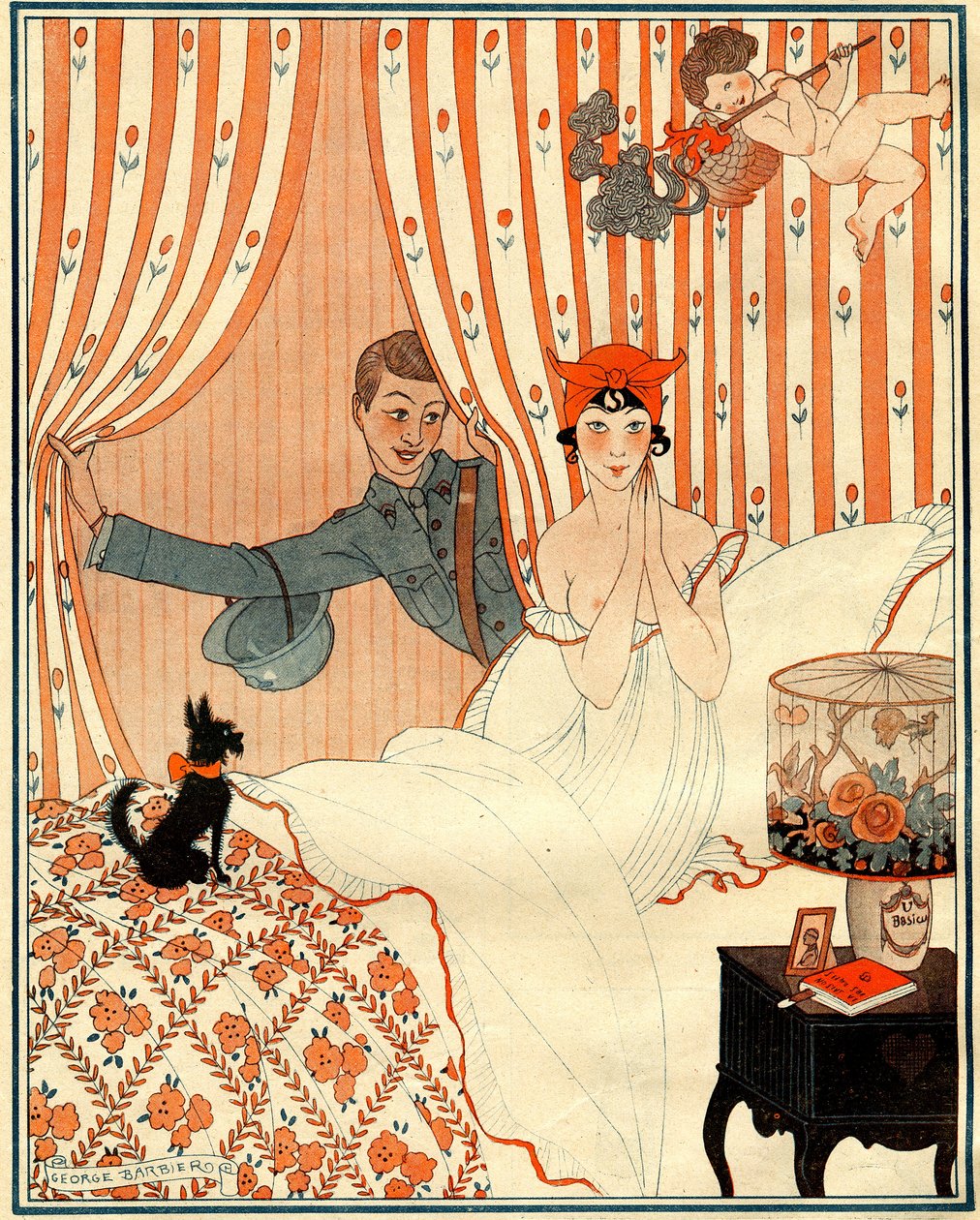 Den uplanlagte returen... Eller vekkerklokken - illustrasjon fra la Vie Parisienne av Georges Barbier