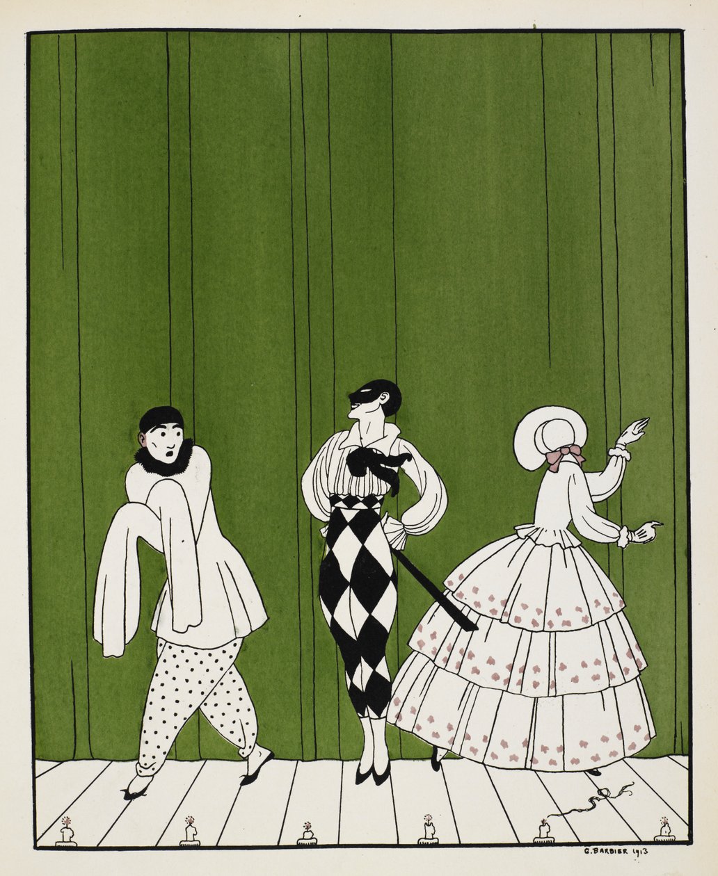 Tre karakterer fra 1910-balletten, Carnaval, komponert av Robert Schumann. Til venstre er en mimekunstner. I midten står en mann, kledd i en hvit skjorte med svart slips og rutete bukser, iført maske. Til høyre er en dame, bakovervendt av Georges Barbier