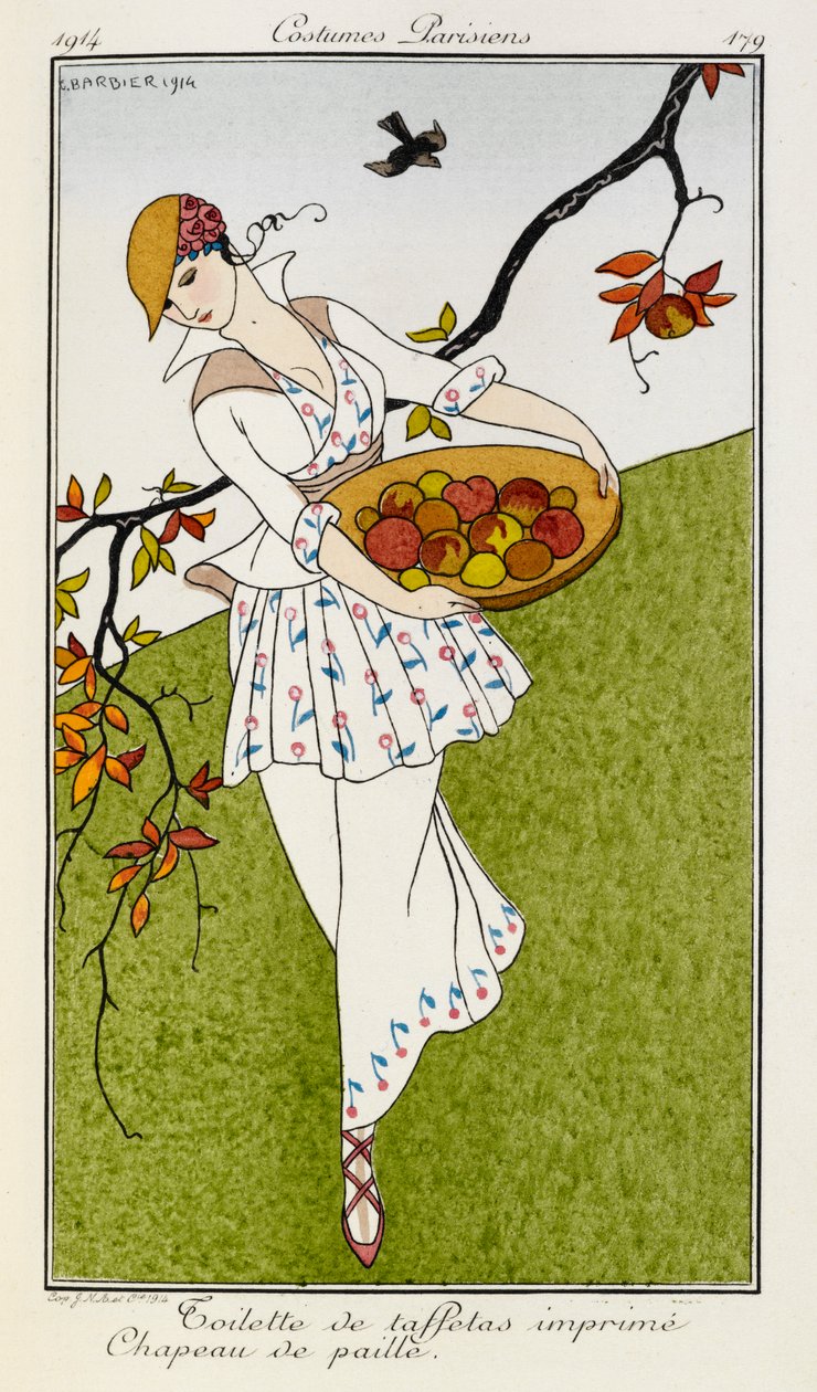 Toilette de taffetas imprime chapeau de paille. Kostymer Parisiens nr.179. En kvinne iført et silketrykt antrekk og stråhatt. Hun bærer en skål med frukt. av Georges Barbier
