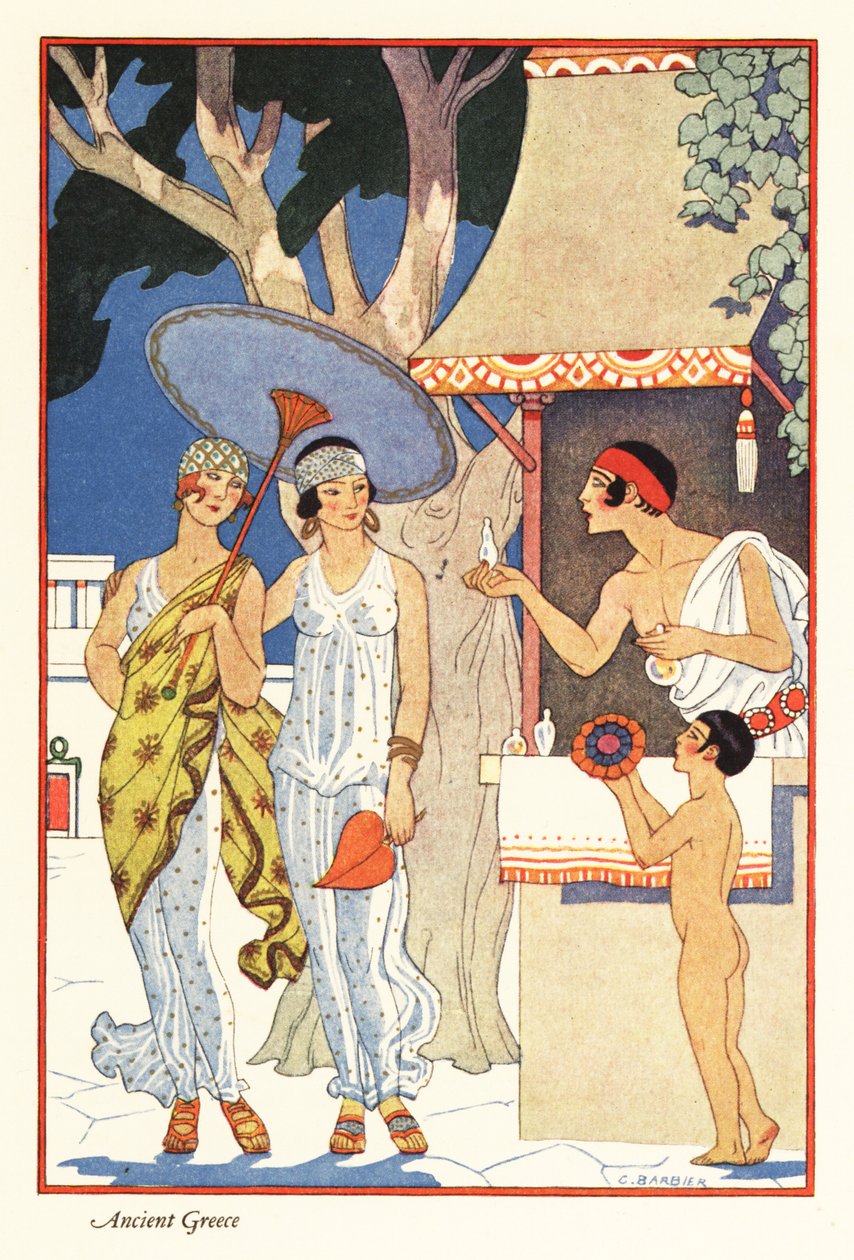 To kvinner handler på standen til en parfymeselger i antikkens Hellas 1928 (trykk) av Georges Barbier